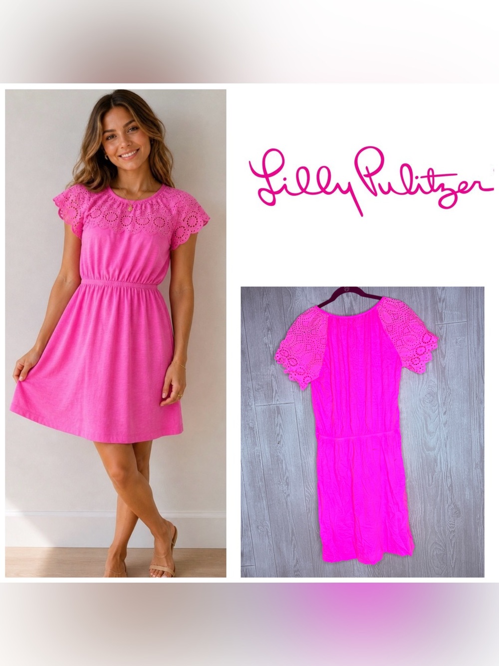 Lilly Pulitzer short sleeve eyelet dress bright pink large beach dress tropical